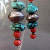Old Tibetan Turquoise, Coral and Navajo Silver Earrings