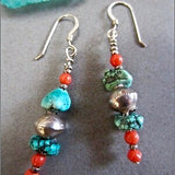 Old Tibetan Turquoise, Coral and Navajo Silver Earrings