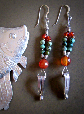 Distinctive Carnelian,Turquoise and Tribal Silver Earrings