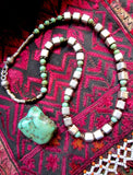 One-Off Handmade Tribal Silver Cube and Turquoise Necklace
