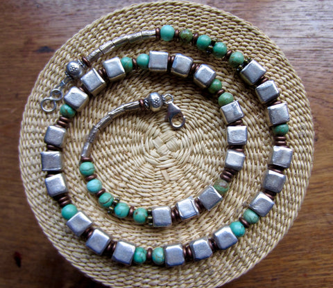 One-Off Handmade Tribal Silver Cube and Turquoise Necklace