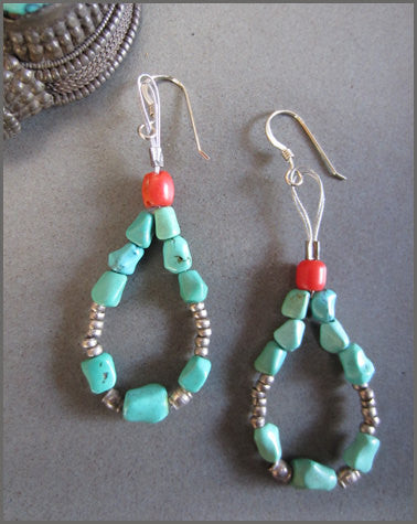 Turquoise, Silver and Coral Long Loop Earrings