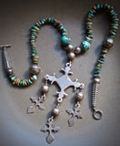 One of a Kind Turquoise Necklace with Old Yalalag Cross Pendant