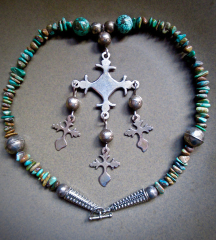 One of a Kind Turquoise Necklace with Old Yalalag Cross Pendant