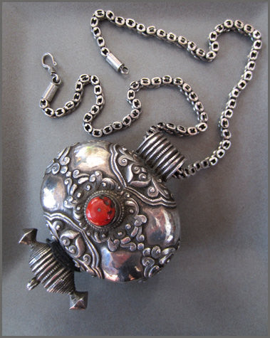 Large Tibetan Silver Charmbox with Coral on Heavy Silver Chain